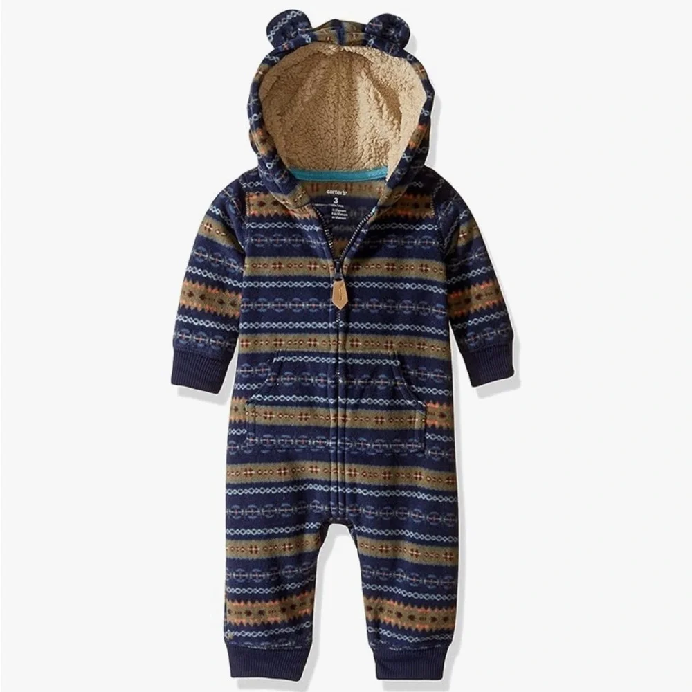 Carter's Baby Zip-Up Hooded Fleece Jumpsuit 12m Navy tribal